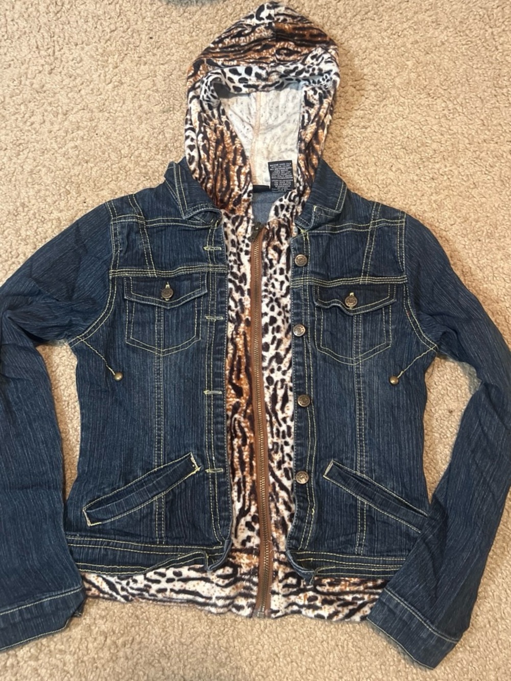 Blue Denim Jacket with Leopard-Print Hood BabyDoll brand